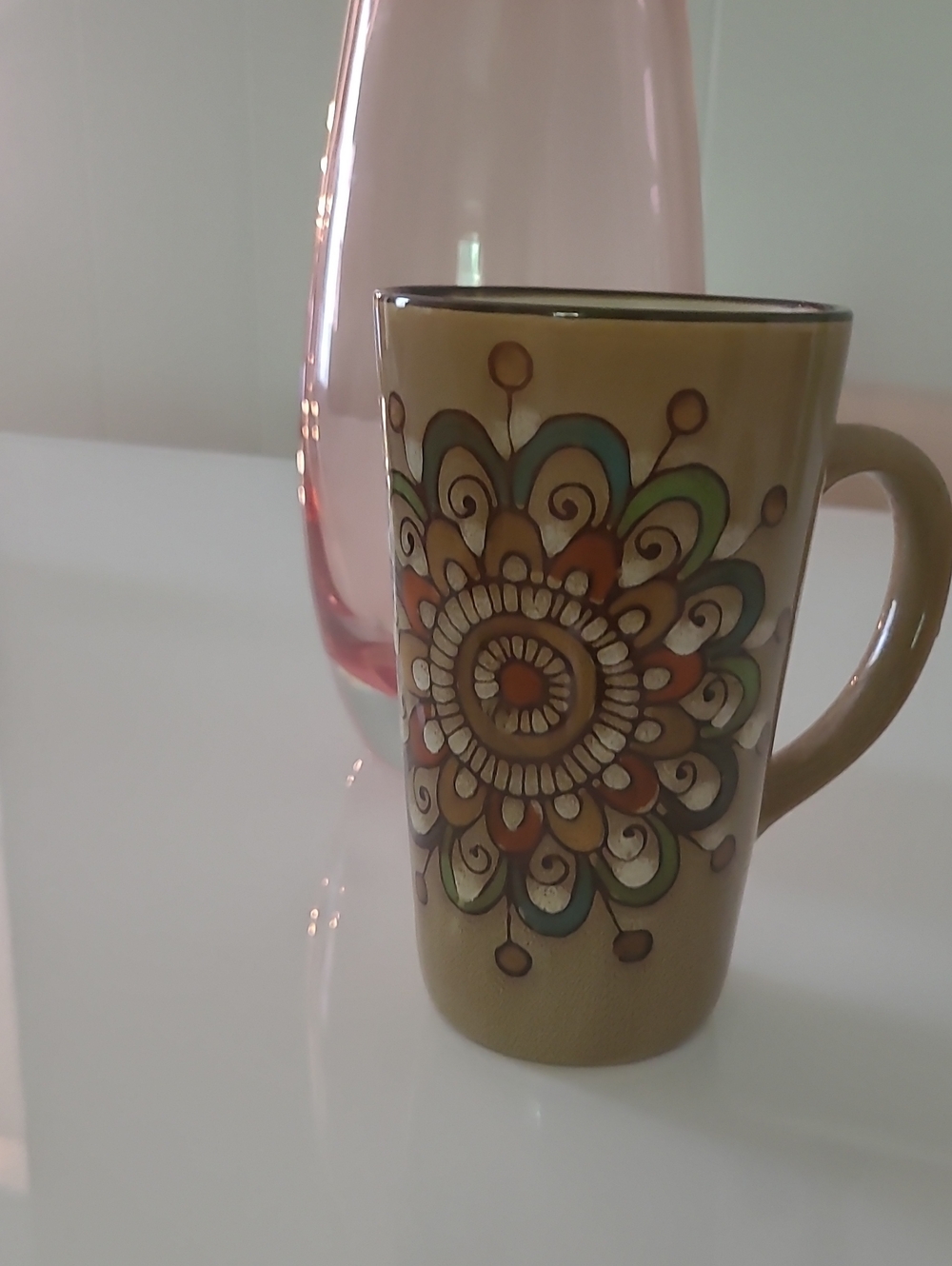 Floral Mandala Stoneware Mug in Beige, Orange, Green, Blue